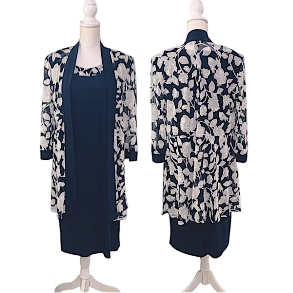 R&M Richards Navy White Dress & sheer Floral Jacket NWT 2 pieces Modest midi 
12 - Picture 2 of 15